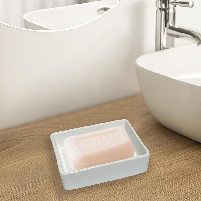Ceramic Soap Dish - Simple Shower Soap Holder with Drain Ridge Non-Slip Soap Holder for Bathroom, Kitchen, Sink