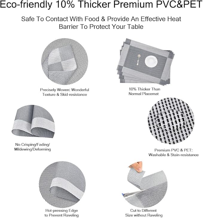 GIVERARE Placemats Set of 4, Heat-Resistant Woven Vinyl Placemat, Non-Slip Washable PVC Table Mat, Easy to Clean Premium Plastic Mats for Dining, Kitchen Table (Silver+Gray)