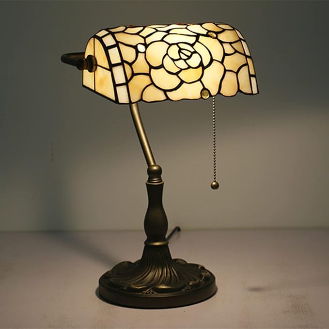 Rose Bankers Lamp Tiffany Vintage Table Lamp Stained Glass Beige Rose Lampshade Table Light Piano Desk Lamp Bedroom Bedside Lamp for Livingroom Office Study,Antique Alloy Base,Zipper Switch,Rose b