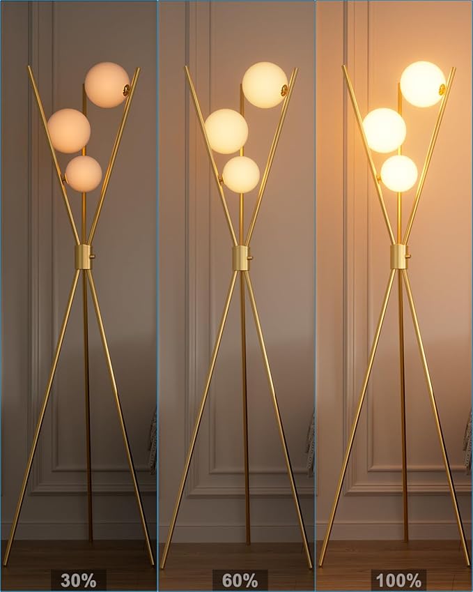 3 Globe Dimmable Tripod Floor Lamp, Mid Century Standing Lamps with 3Pcs 3000K Bulbs Included, Modern Tall Lamp for Living Room Bedroom Office-Gold