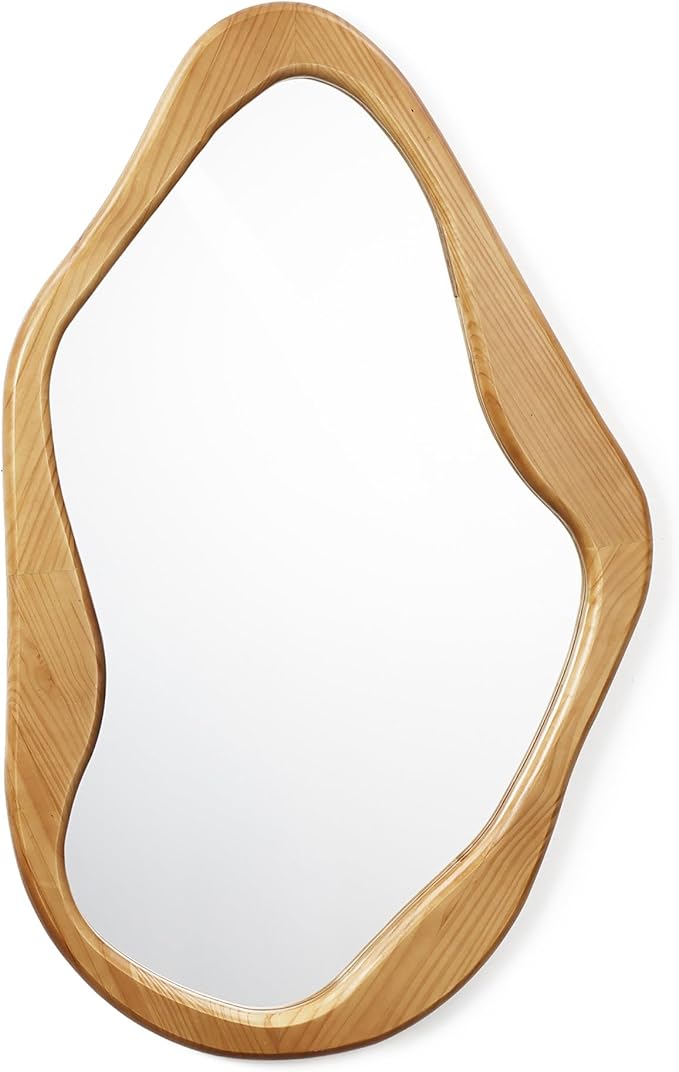 LuxenHome Asymmetrical Wall Mirror with Natural Pine Wood Frame,Irregular Wall Mirror for Living Room,Entryway,Bedroom,Decorative Mirror,Bathroom Mirror, Wood Wall Mounted Mirror