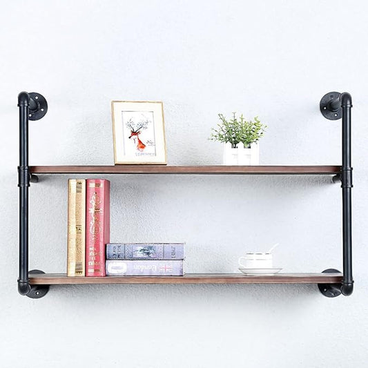 Industrial Pipe Shelving Wall Mounted,36in Rustic Metal Floating Shelves,Steampunk Real Wood Book Shelves,Wall Shelf Unit Bookshelf Hanging Wall Shelves,Farmhouse Kitchen Bar Shelving(2 Tier)