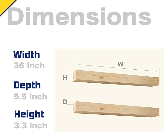 Wall Floating Shelves, Rustic Wood Shelf for Wall Mounted - Wooden Handmade Shelves for Bathroom Kitchen Livingroom - No Stain - DIY(Unfinished, 36 Inch - 2 Pack)