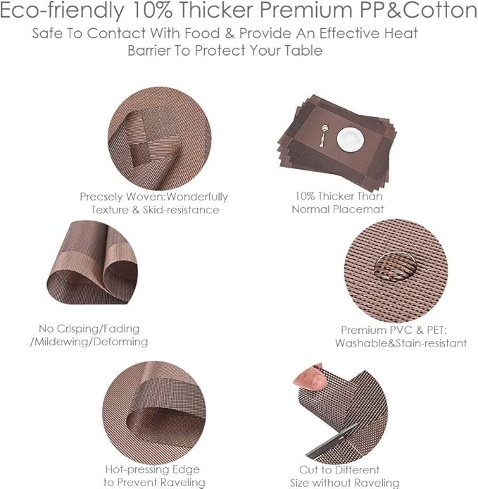 GIVERARE Placemats Set of 4, Heat-Resistant Woven Vinyl Placemat, Non-Slip Washable PVC Table Mat, Easy to Clean Premium Plastic Mats for Dining, Kitchen Table (Brown)