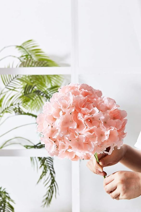 Artificial Hydrangea Flowers Blush Heads 10 Fake Hydrangea Silk Flowers for Wedding Centerpieces Bouquets DIY Floral Decor Home Decoration with Stems(VASE NOT Included)