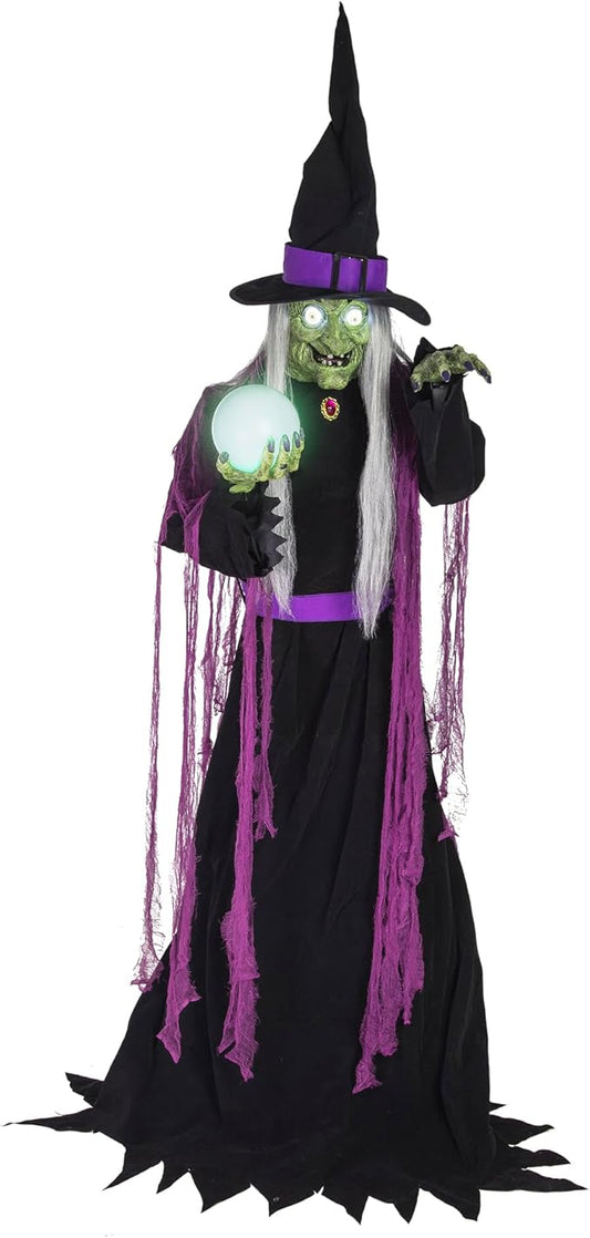 Haunted Hill Farm 6-Ft. Tall Fortune Teller Witch, Plug-in Motion-Activated Talking Scare Prop Halloween Animatronic for Indoor or Covered Outdoor Creepy Decorations
