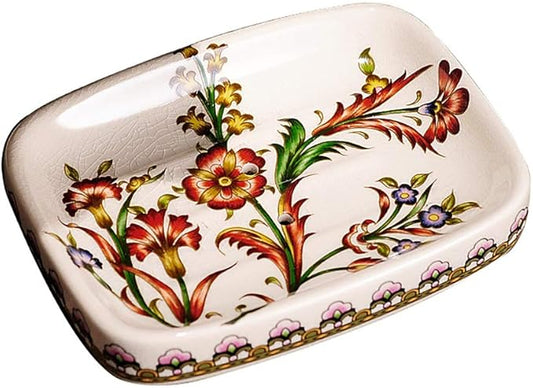 Ceramic Soap Dish - Creative Ice Crack Ceramic Red Flower Pattern Soap Dish Holder for Bathroom and Shower Soap Tray Box with Drain,Gift for Mum Family Christmas