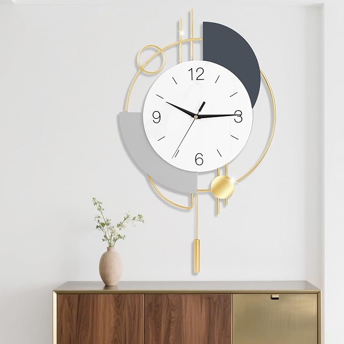 Wall Clock, Silent Quality Quartz Battery Operated with Pendulum, Large Wall Clock for Living Room Kitchen Home Bathroom Bedroom Wall Decor,13x21.65inch,Golden