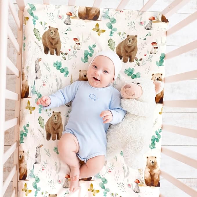 4 Pack N Play Sheets Woodland Forest Animals Wood Neutral Unisex Fitted Baby N Play Sheets Fitted for Standard Pack and Plays and Mini Cribs Set for Baby Boys or Girls (Cartoon Beer)