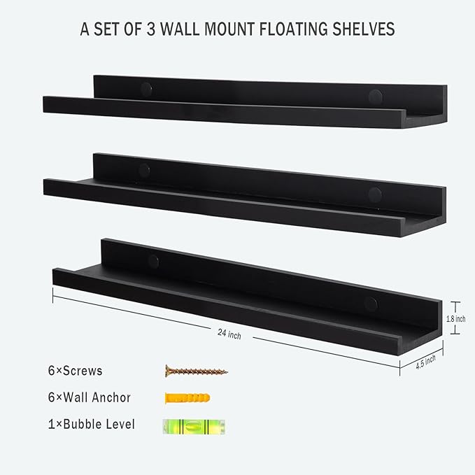 Floating Picture Ledge Shelves for Wall Set of 3, 24 Inch Wall Shelves with Lip Long Large Nursery Book Shelf for Toys Storage Kids Bookshelf Wall Mounted Living Room Bedroom Decor Frames(Black)