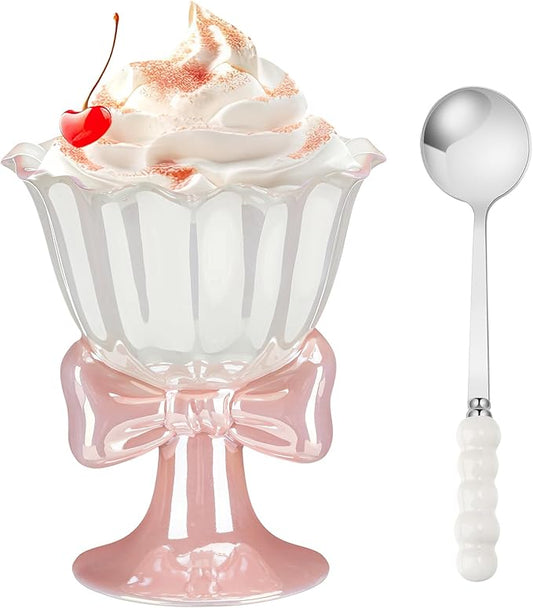 Yungyan Pink Bow Ice Cream Cup with Pearl Glaze Ceramic Bow Knot Cute Coffee Mug with Stainless Steel Pearl Spoon Coquette Stuff Preppy Aesthetic Gift Set for Women Holiday Birthday