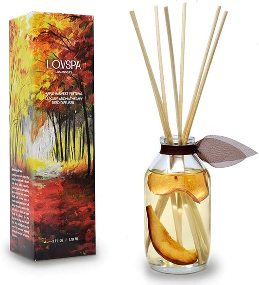 LOVSPA Apple Harvest Reed Diffuser Set with Fresh Red Apples & Roasted Pears, Infused with Real Fruit Slices, Room Scent Air Freshener Made in The USA