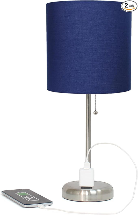 Simple Designs LT2024-NAV-2PK Two Pack Brushed Steel Stick Table Desk Lamp Set with Charging Outlet and Drum Fabric Shade for Living Room, Hallway, Nightstand, Office, Navy Blue Shade