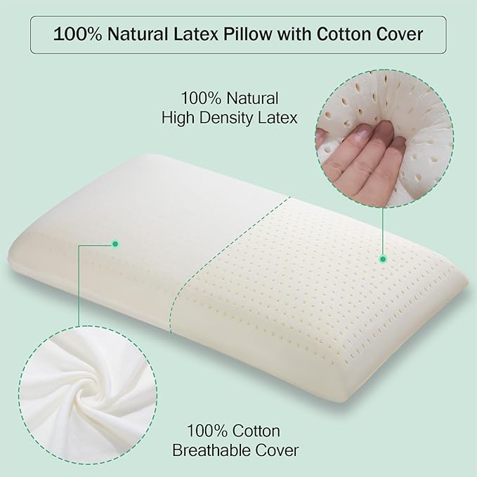 Talalay 100% Natural Premium Latex Pillow, Bed Pillow Helps Relieve Pressure, Sleeping Pillow without Memory Foam Chemicals, Best Gift with Removable Cotton Cover (King (H-7.0''))