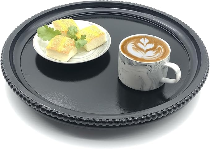 Round Wood Decorative Tray, Small Beaded Tray for Dresser Coffee Table Kitchen Corner Dinning Table, Modern Round Wooden Tray for Centerpiece (Black, 13.4''X13.4'')