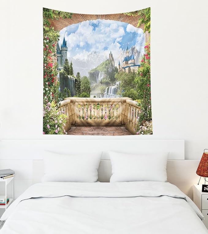 EMMTEEY Scenic Tapestry View from Balcony of Waterfalls with Castles - Living Room 50x60 Inches Present for Families