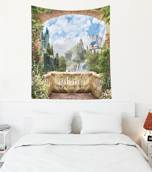 EMMTEEY Scenic Tapestry View from Balcony of Waterfalls with Castles - Living Room 50x60 Inches Present for Families