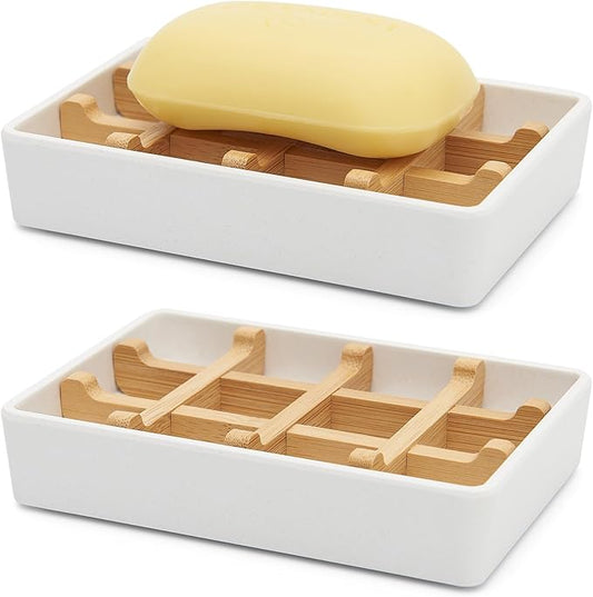Bamboo Soap Dishes for Shower Wooden Soap Bar Holder for Bathroom Soap Tray Easy to Clean, Durable and with Non-Slip Pads(Two White Squares)