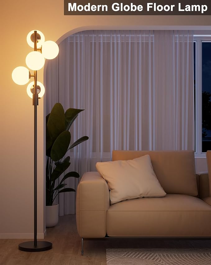 64IN Dimmable Black Floor Lamp, Tall Standing Lamps with 5 Globe Soft Warm White Eye Care 3000K G9 Bulbs, Mid Century Modern Floor Lamp for Living Room Bedroom Office