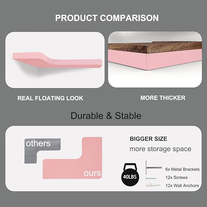 SAUMONIERES Corner Floating Shelves Wall Mount Shelf Solid Wood for Bedroom Bathroom Room Kitchen Storage Set of 3, Pink, Invisible Brackets