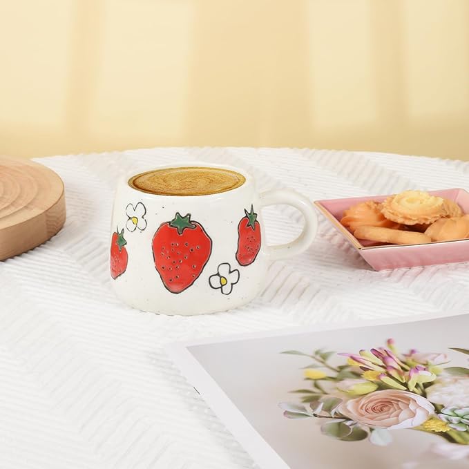 Koythin Ceramic Coffee Mug, Cute Strawberry Creative Mugs Design, Printed Flowers Cup for Office and Home, 10 oz/300 ml for Latte Tea Milk (Strawberry)