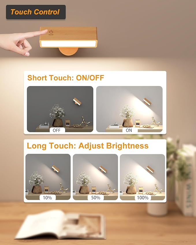 Wall Lights Battery Operated Wooden,Magnetic Wall Sconces Rechargeable,Adhesive Wall Lights for Bedroom,Dimmable Wall Mounted Bedside Lamp,Cordless Battery Wall Sconce for Bedroom Reading