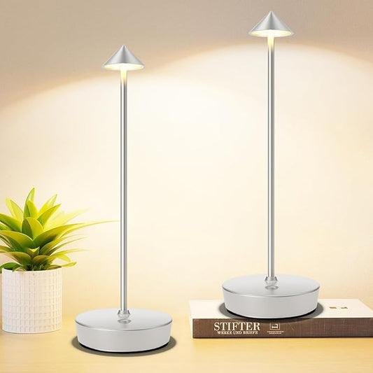 Set of 2 Rechargeable Cordless Table Lamp,6000mAh LED Battery Operated Desk Lamp Touch 3 Color Dimming Portable Outdoor Waterproof Table Light for Patio/Restaurant/Dining/Home (Silver)