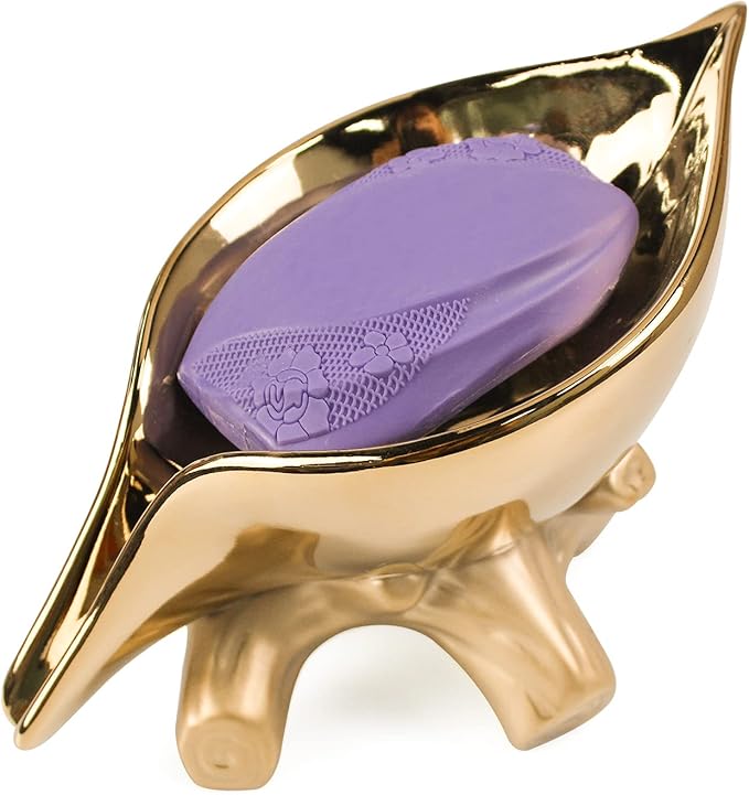 Leaf Soap Dish for Shower,Ceramic Soap Holder with Stump Bathroom Ring Dish Holder for Jewelry Engagament Wedding Birthday Gifts Gold