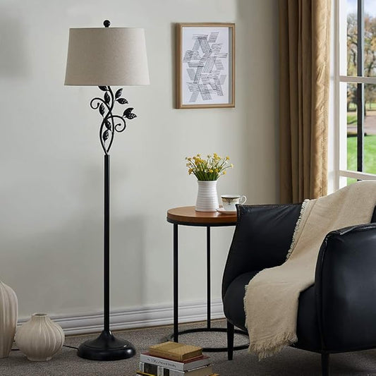Maxax Vintage Floor Lamp, 62in Traditional Farmhouse Tall Standing Lamp with Oatmeal Fabric Shade,3-Way Dimmable Metal Leaf Floor Lamp for Living Room and Bedroom, Black