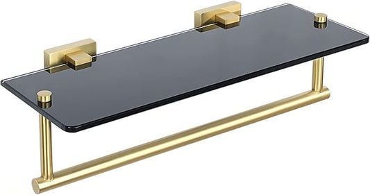Alise Bathroom Shelves Glass Shelf with Bar,Wall Mount Floating Shelves for Bathroom,1 Tier Tempered Glass Holder Storage Organizer,SUS304 Stainless Steel Gold and Black