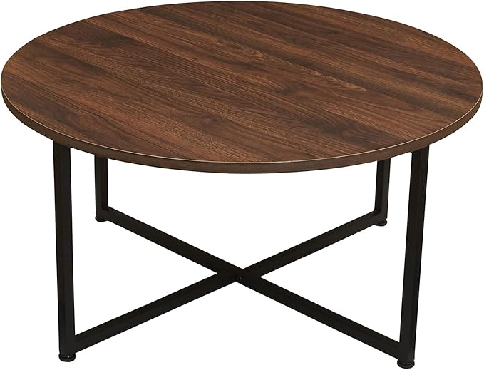 Household Essentials Jamestown Round Coffee Table Mid Century Walnut Wood Grain and Black Metal