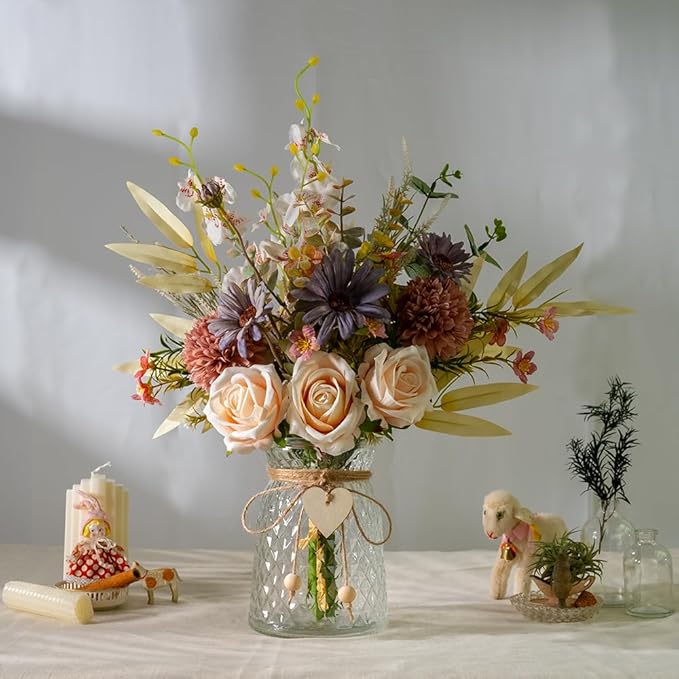 Silk Flowers with Vase, Artificial Rose Flowers Arrangement with Glass Vase Faux Rose for Decoration Table Centerpiece (Rose Champagne)