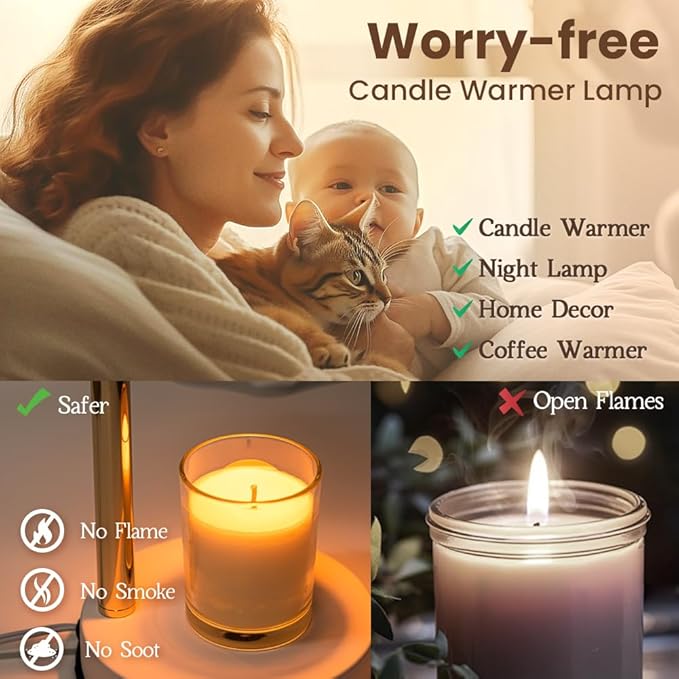 Candle Warmer Lamp, Height Adjustable Dimmable Candle Lamp Warmer with Timer, Electric Wax Melt Warmer for Jar Candles, Nightstand Lamp for Bedroom, House Warming Mothers Day Gifts Decor