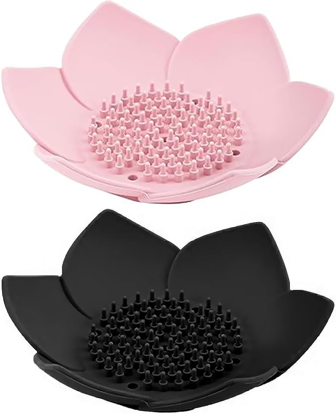 Draining Silicone Soap Dishes with Lotus Flower Shape Flexible (CushionPad-1Black1Pink)