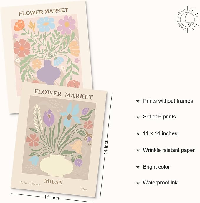 Habseligkeit Danish Pastel Wall Art Prints, Flower Market Retro Posters, Vintage Floral Art Prints, Cute Matisse Room Decor Aesthetic for Bedroom Wall Decor（11x14inch, Unframed