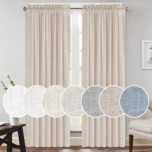 PrinceDeco Linen Curtains 84 Inches Long Soft Thick Linen Burlap Curtains for Living Room/Bedroom Country Rustic Linen Blended Curtains 2 Panels Set(Angora, 52" W x 84" L)