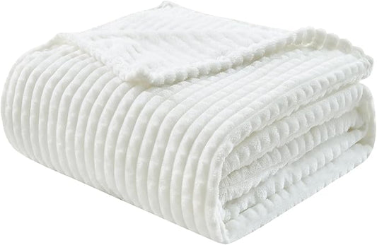 EMME Fleece Throw Blanket Luxury Flannel for Couch Bed Sofa Chairl, Soft, Plush, Warm and Cozy Blanket with Geometric Grid Design (White, 60'' x 80'')