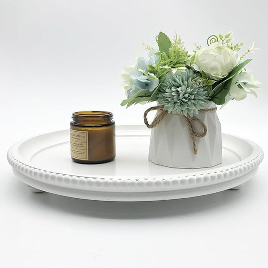 Round Wood Decorative Tray, Small Beaded Tray for Dresser Coffee Table Kitchen Corner Dinning Table, Modern Round Wooden Tray for Centerpiece (White, 13.4''X13.4'')