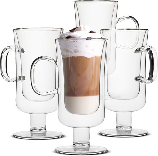 BTaT- Irish Coffee Mug, Coffee Glass, Set of 4 (10oz, 300ml), Double Wall Glass Irish Coffee Cup, Tea Cups, Latte Cups, Glass Coffee Mug, Beer Glasses, Latte Mug, Clear Mugs, Christmas Gifts
