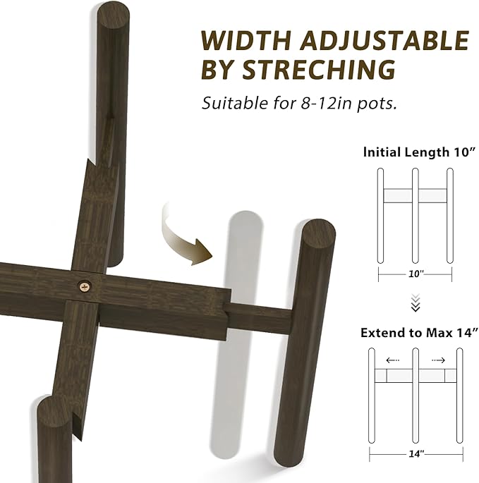 Adjustable Plant Stand Indoor, Bamboo Plant Holder 8 to 12 Inches, Small Tall Planter Stand for Indoor Plants, Single Floor Plant Stand for Living Room Balcony Bedroom, Tea Brown