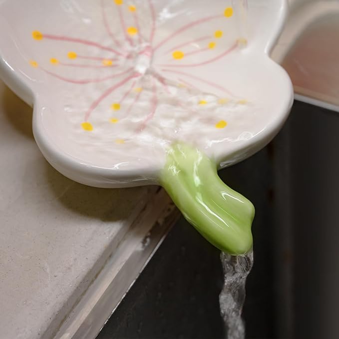 Ceramic Soap Dish Holder for Bathroom, Flower Bar Holder for Shower, Easy Cleaning Saver Tray Decoration for Bathroom, Sinks, Kitchen (White)
