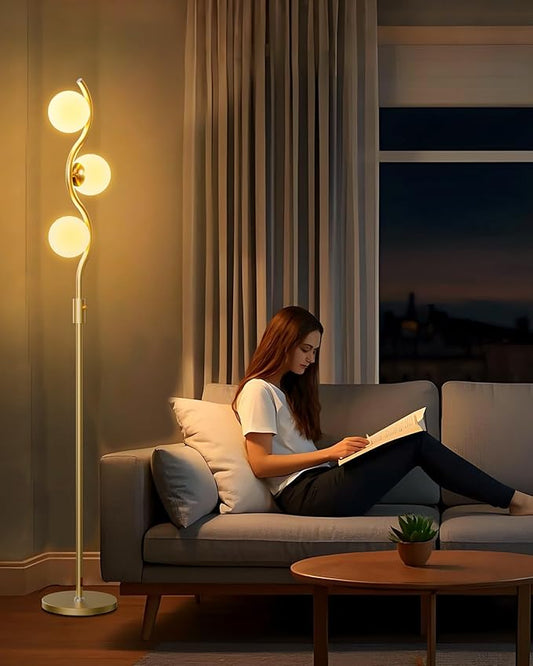 60IN Dimmable (Brightness Adjustable) Gold Floor Lamp, Modern Standing Lamps with 3 Globe Soft Warm White 3000K Bulbs, Mid Century Floor Lamp for Living Room Bedroom Home Decor