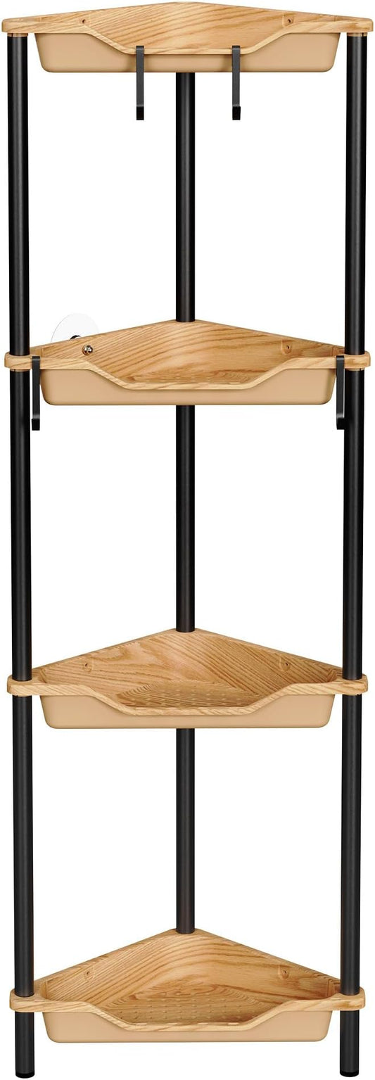Orimade Rustproof 4 Tier Floor Standing Corner Shower Caddy Organizer, Plastic Metal Splicing Floor Corner Shelf Rack Storage Stands for Bathroom, Wood Grain Surface