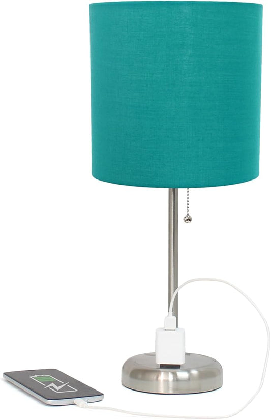 Simple Designs LT1144-TEL Sleek and Slender Brushed Steel Table Lamp with Charging Outlet, for Bedroom, Living Room, Entryway, Office, Dining Room, Study, Teal Shade