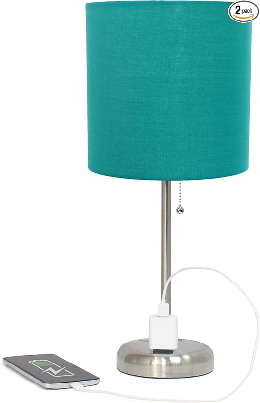 Simple Designs LT2024-TEL-2PK Two Pack Brushed Steel Stick Table Desk Lamp Set with Charging Outlet and Drum Fabric Shade for Living Room, Hallway, Nightstand, Office, Teal Shade