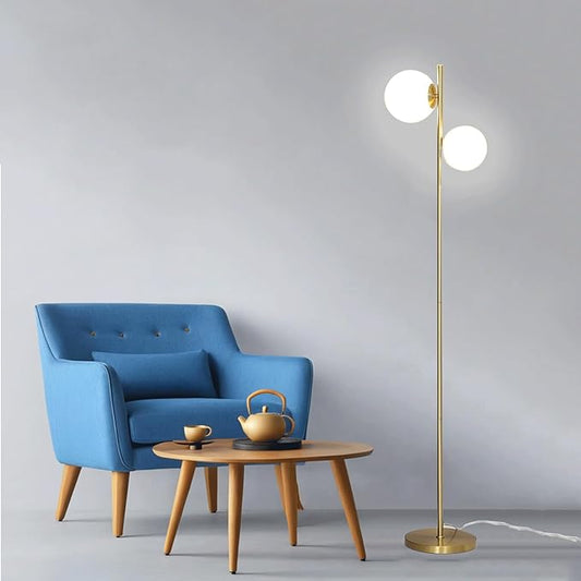 COTULIN 2 Globe Floor Lamp for Living Room, 7.1 Inch Sphere Mid Century Modern Floor Gold Lamp for Bedroom,Brass Standing Tall Pole Lamp with White Frosted Glass Shade,Office Home Decor