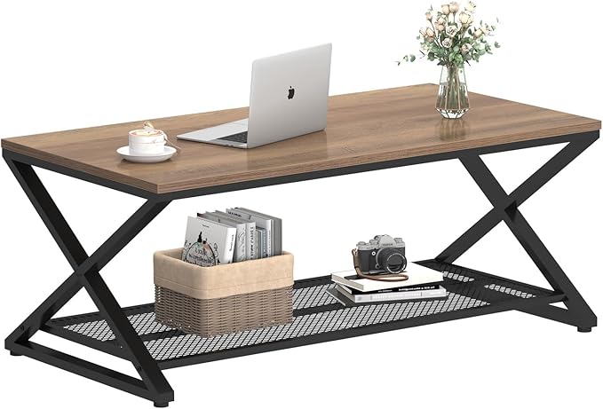 LVB Wood Coffee Table, Metal Wooden Living Room Table with Storage, Industrial 2 Tier Cocktail Tea Table with Mesh Shelf, Farmhouse Rectangular Low Middle Tables for Office Bedroom, 39 inch Rustic Oak