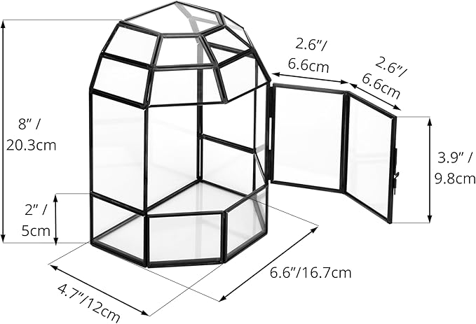 NCYP Half Dome Geometric Glass Terrarium with Door, Closed Succulents Planter Pot, Miniature Landscape Container, Indoor Tabletop Decor, Black (Terrarim Only)