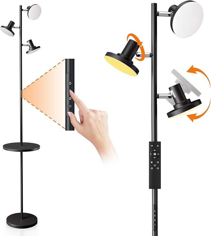 ULG Floor Lamp with Shelf 3-Light Standing Tree Lamp Independent Control Modern Decor Light Color/Intensity Changing Remote & Button Control 1200lm LED Lamp for Living Room Home Office Bedroom, Black