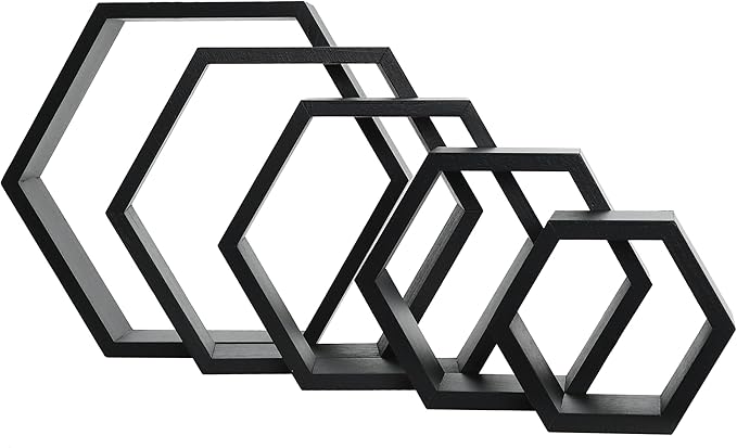 PHOENANCEE Hexagon Floating Shelves,Wall Mounted Wood Farmhouse Storage Honeycomb Wall Shelf Set of 5,for Bathroom, Kitchen, Bedroom, Living Room,Office,Home Room Wall Decor Driftwood Finish